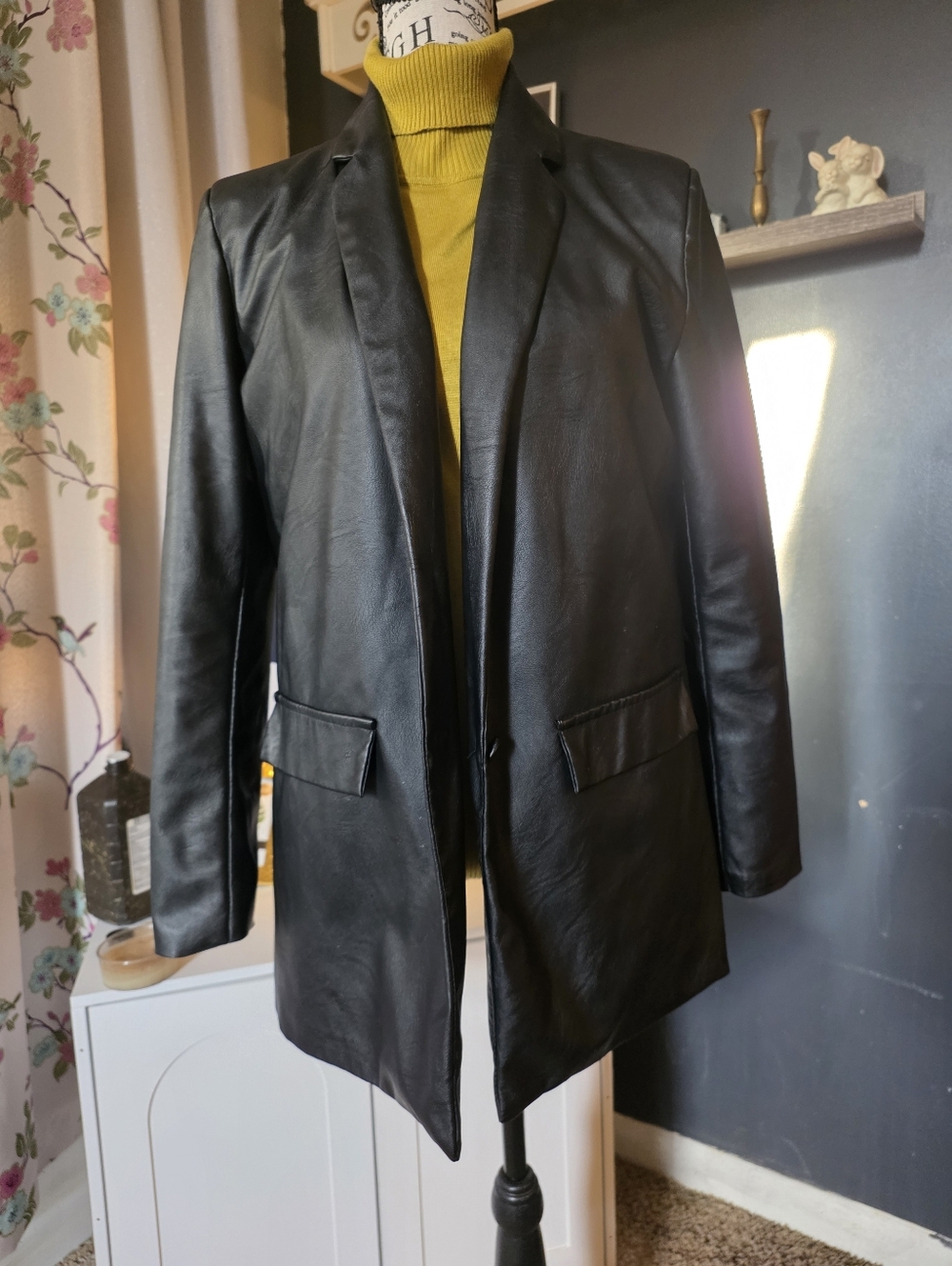 Black Faux  Leather Blazer Jacket - Women's Tailored Coat